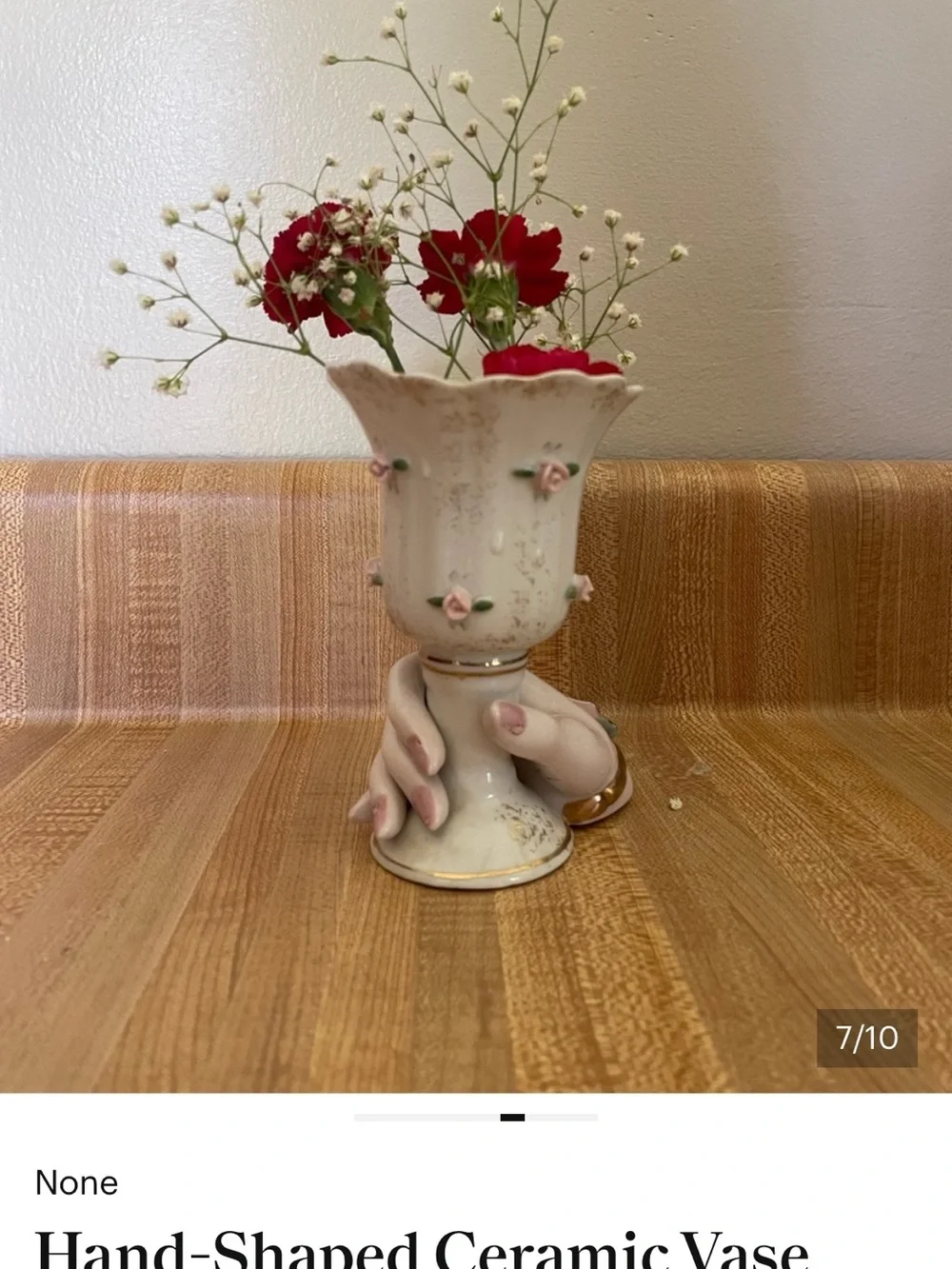 Vintage White Ceramic Hand-Shaped Vase with Pink Rose Accents - Picture 4 of 8